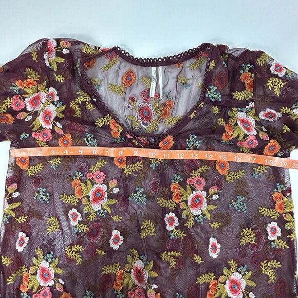 Anthropologie Feather Bone Girardla Top XS Burgundy Embroidered Sheer Mesh Boho - Picture 8 of 9